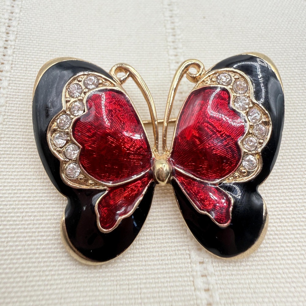 Vintage Gold Tone Butterfly Brooch Pin w/ Clear Red & Black Enamel & Rhinestones